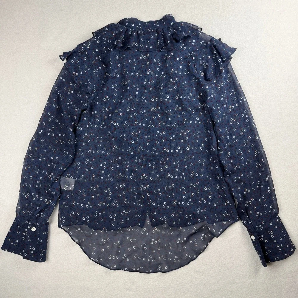 Veronica Beard Women's Finley Ruffled Tie Neck Floral Printed Blouse Navy Sz 10 - Picture 7 of 10